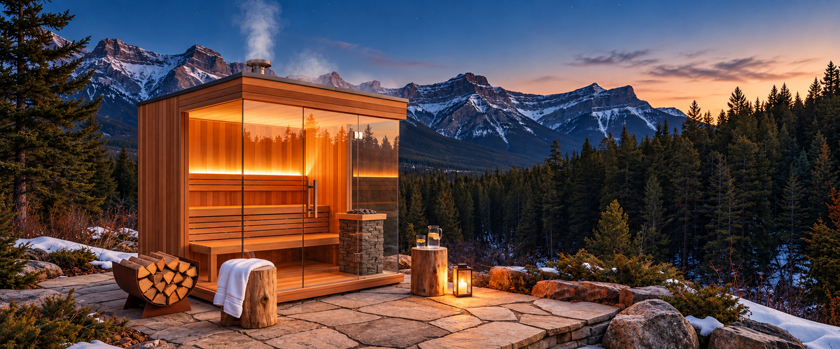 Conceptual outdoor sauna retreat with mountain scenery and warm light