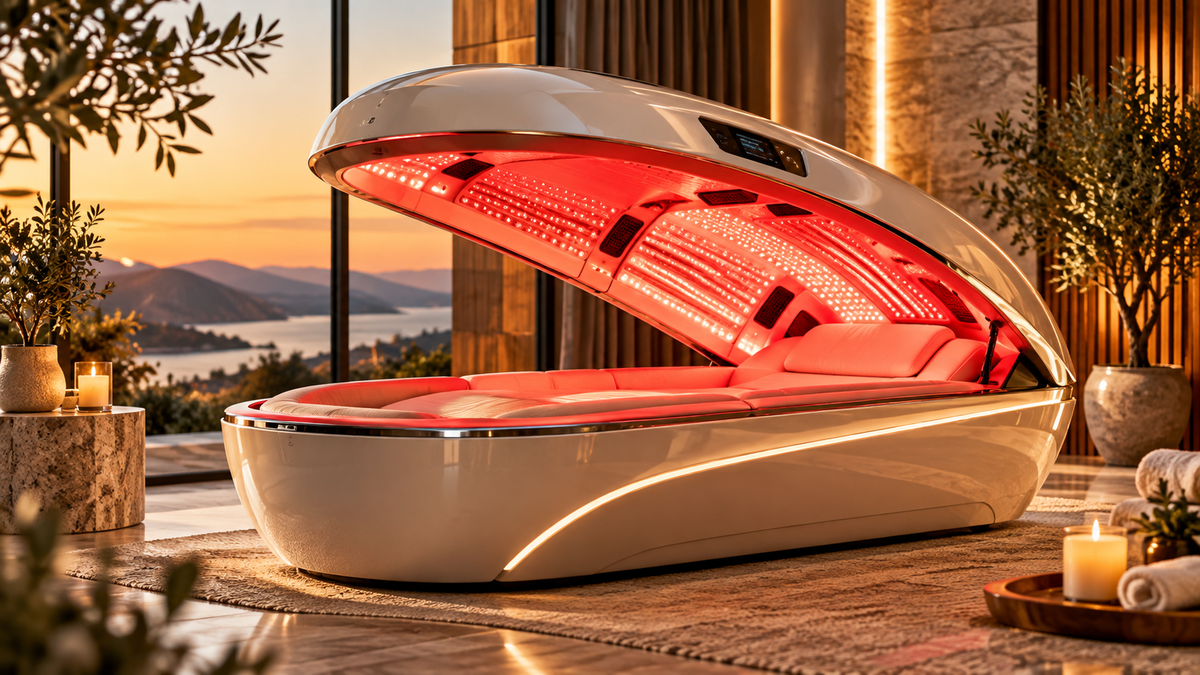 Premium full-body red light therapy system in a luxury home wellness room