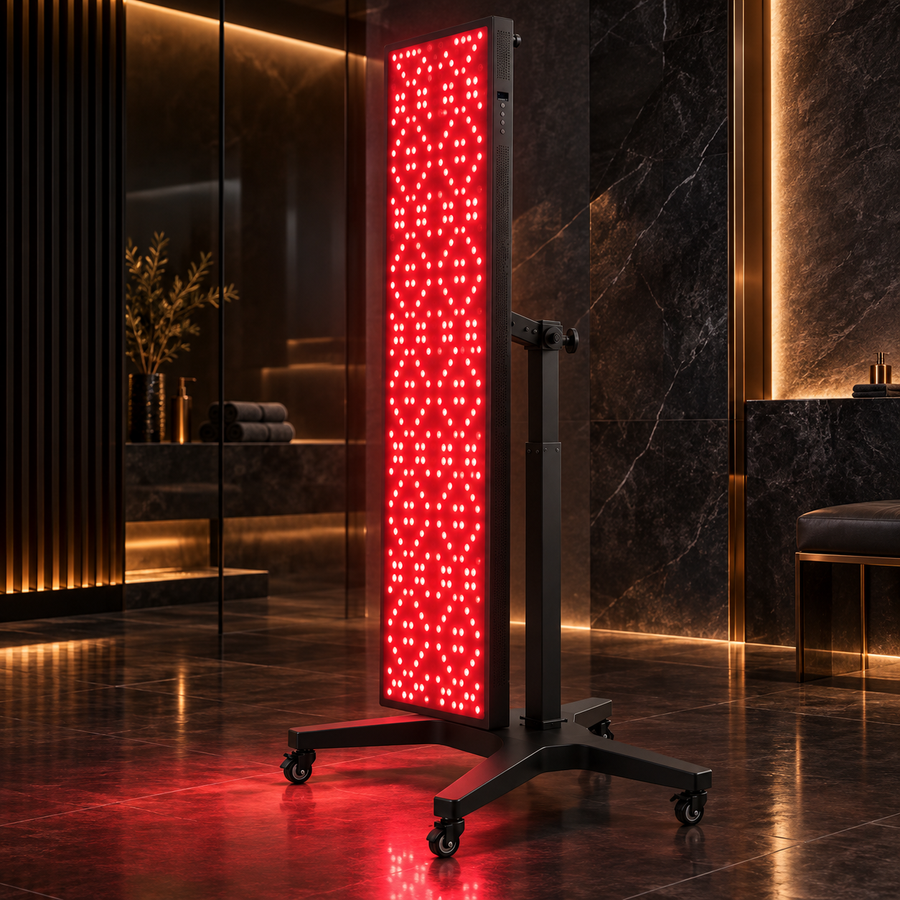 Azure AL5000 black full-body red light therapy panel on electric mobile stand in a luxury wellness suite