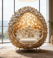 Sculptural fiberglass durian cocoon lounge chair, front view