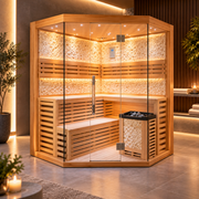 Modern Canadian hemlock glass sauna with warm interior lighting and stone accent walls