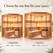 Size comparison for compact 1500 x 1500 x 2100 mm and large 2000 x 2000 x 2100 mm sauna configurations