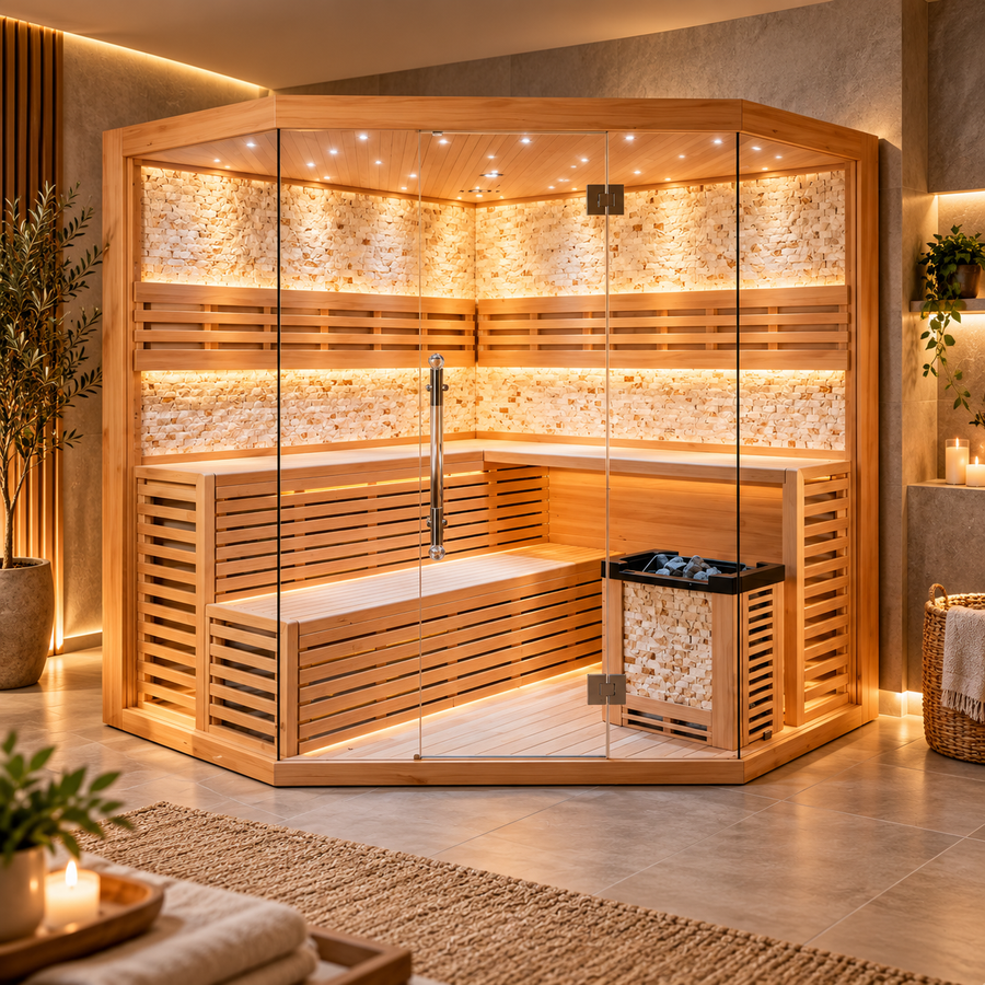 Premium modern glass traditional sauna in a warm luxury wellness interior